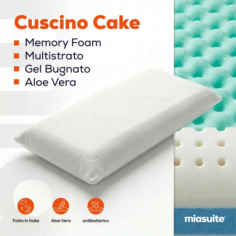 Cuscino memory e gel 80x35 alto 13 cm rivestito in Aloe Vera. Cake