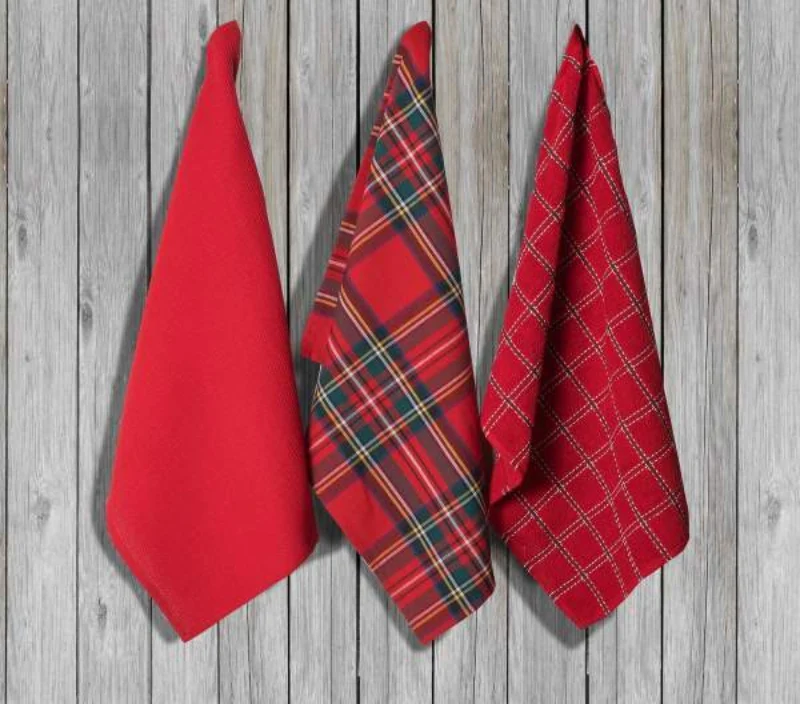 Set 3 Canovacci Clan Jolie Firenze 100% Cotone Tinto Filo 50x70 cm Rosso Tartan Natale