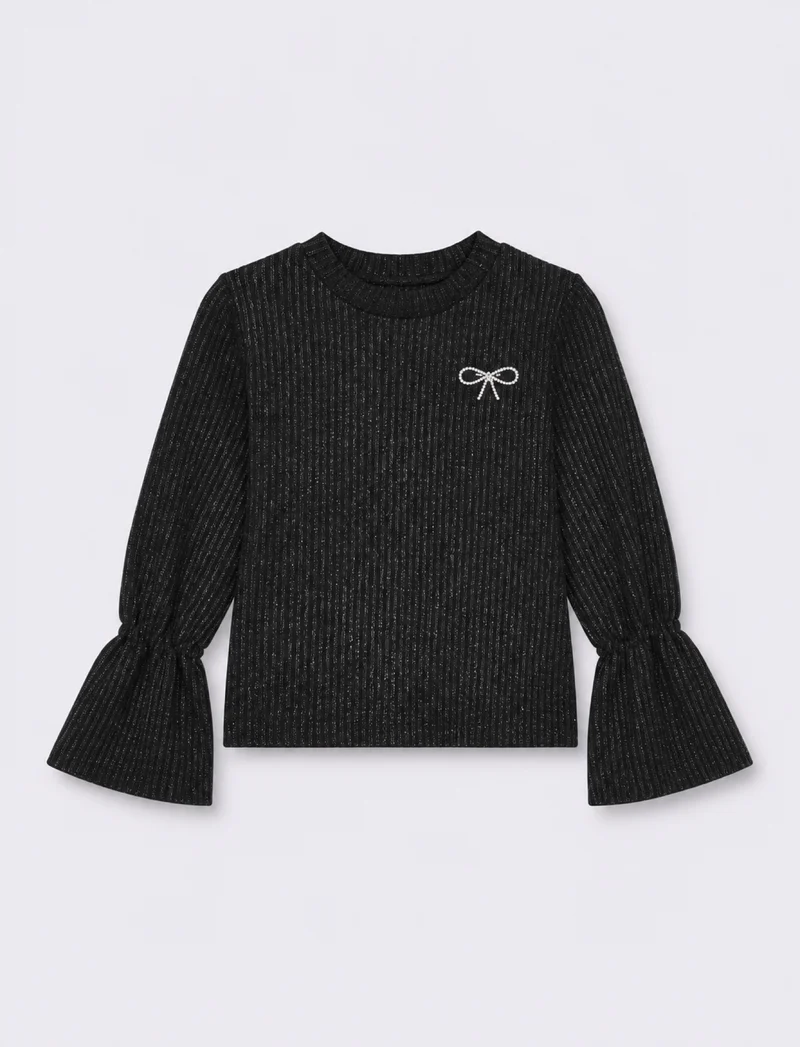 Pullover brillantinato con spilla gioiello - Nero