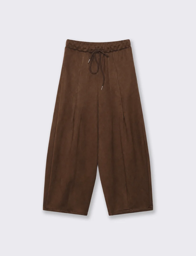Pantaloni barrel effetto camoscio con coulisse in vita - Moro