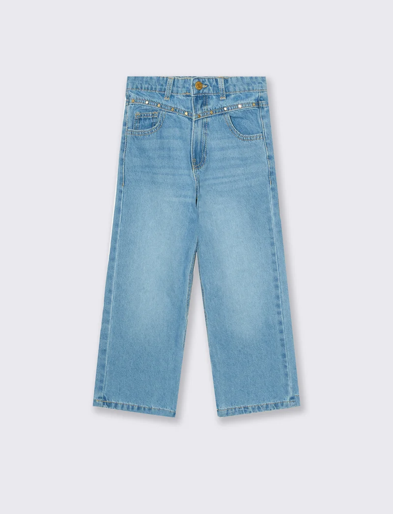 Jeans in cotone con borchie e gamba ampia - Denim