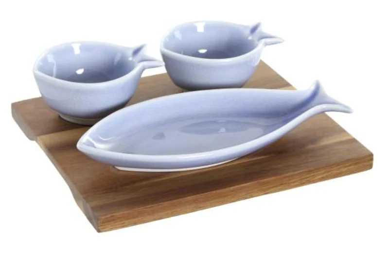 Set Aperitivo con Vassoio in Acacia e Ciotole a Forma di Pesce | Item International