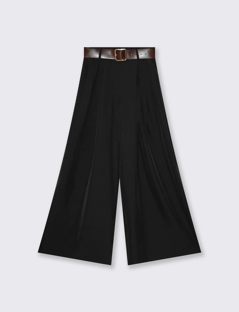 Pantaloni wide leg a vita segnata con cintura - Nero
