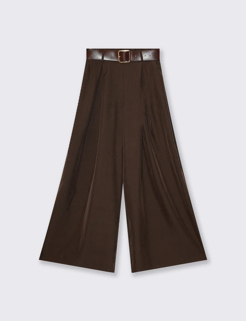 Pantaloni wide leg a vita segnata con cintura - Moro