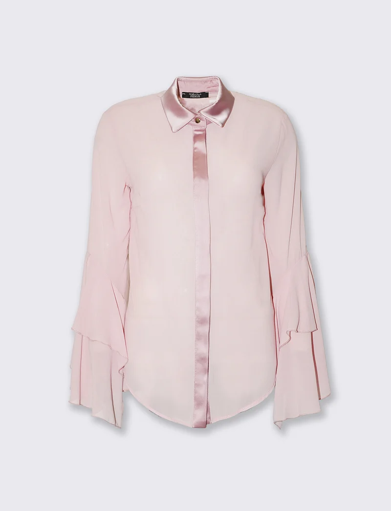 Camicia in georgette con inserti in raso e maniche a volant - Rosa antico