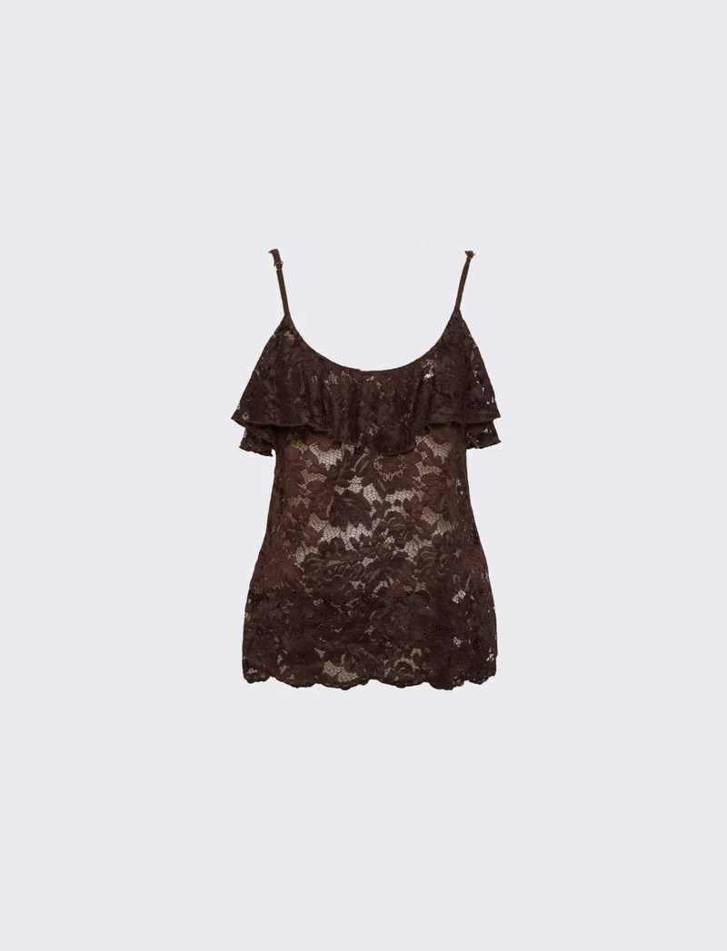 Top in pizzo con balza sullo scollo e bretelle regolabili - Moro