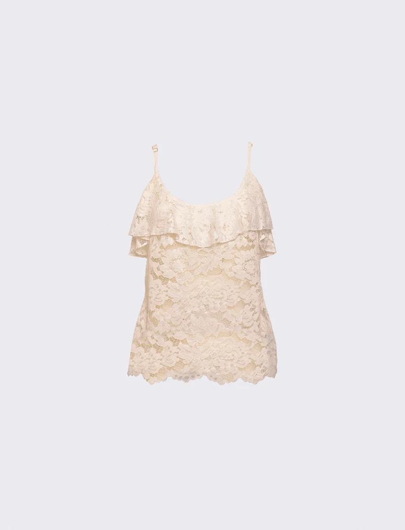 Top in pizzo con balza sullo scollo e bretelle regolabili - Bianco latte