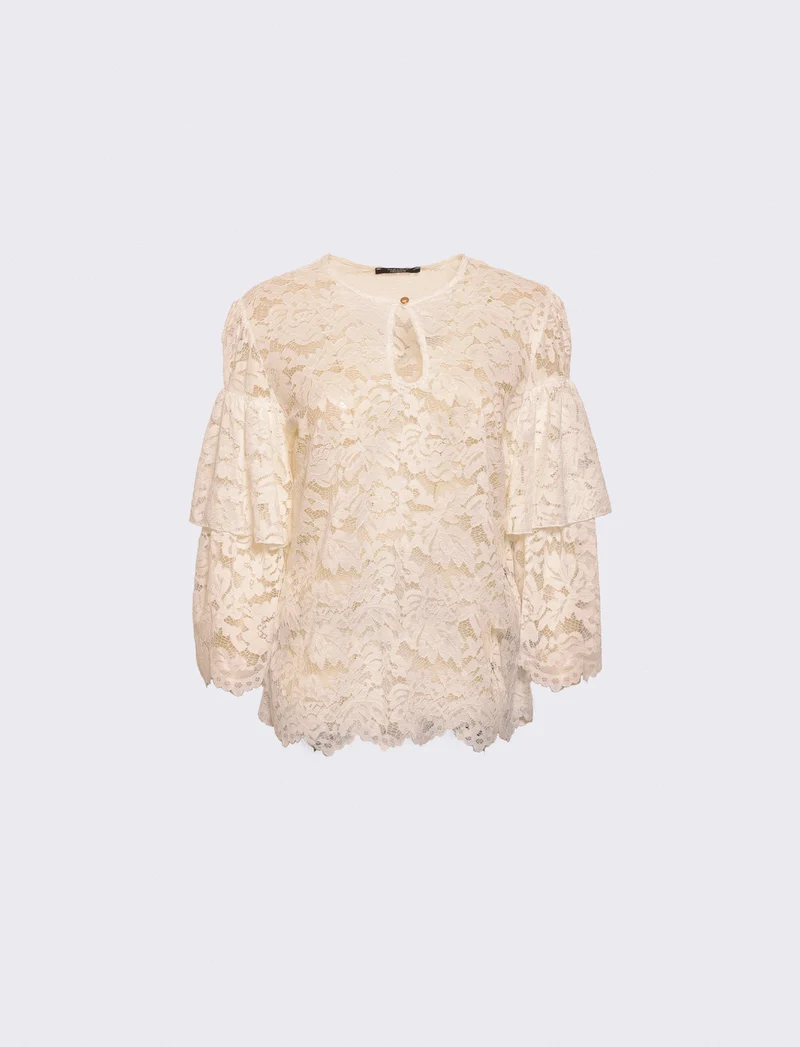 Casacca in pizzo con maniche a campana e scollo a goccia - Bianco latte