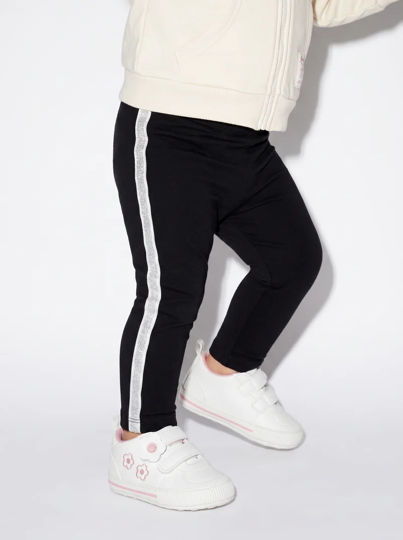 Leggings in cotone con banda laterale - Nero