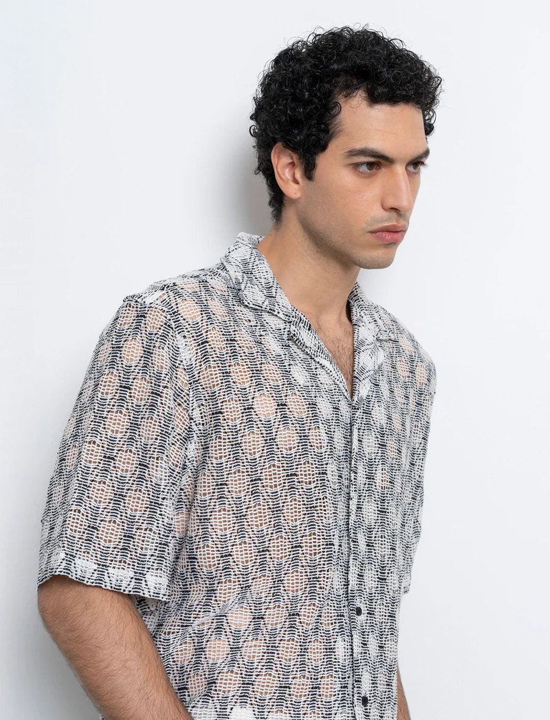 Camicia crochet fantasia astratta da uomo - Nero