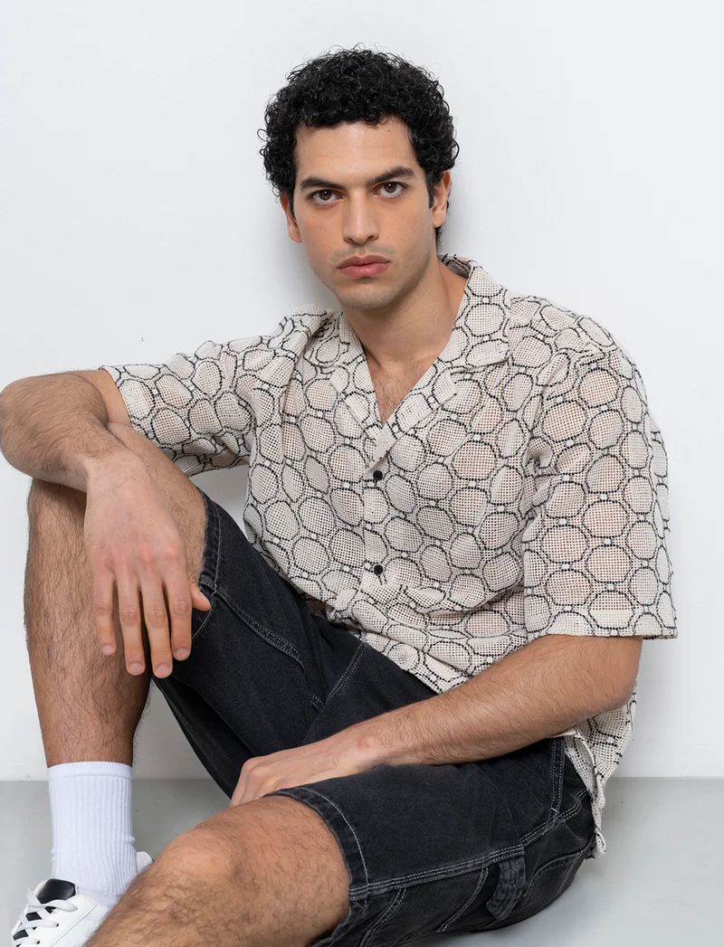 Camicia crochet fantasia astratta da uomo - Bianco