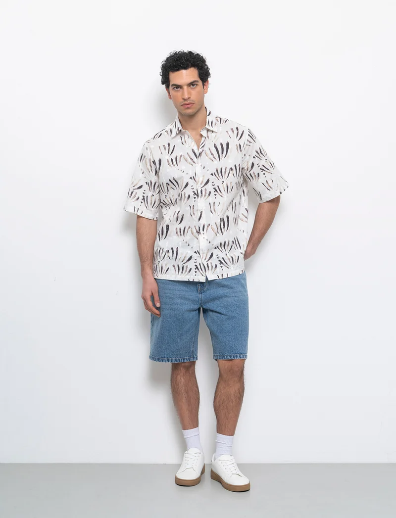 Camicia fantasia stampata e ricamata da uomo - Beige ecru