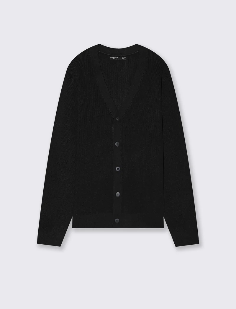 Maglia cardigan in misto viscosa a coste - Nero