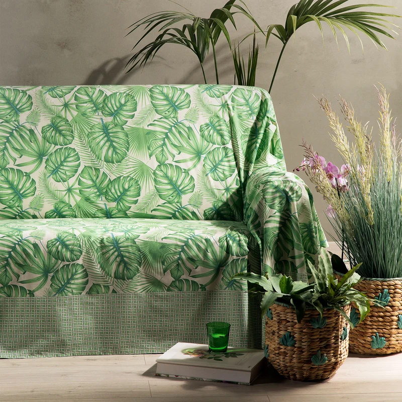 Telo arredo Copridivano Grandecor foglie Moderno in Cotone