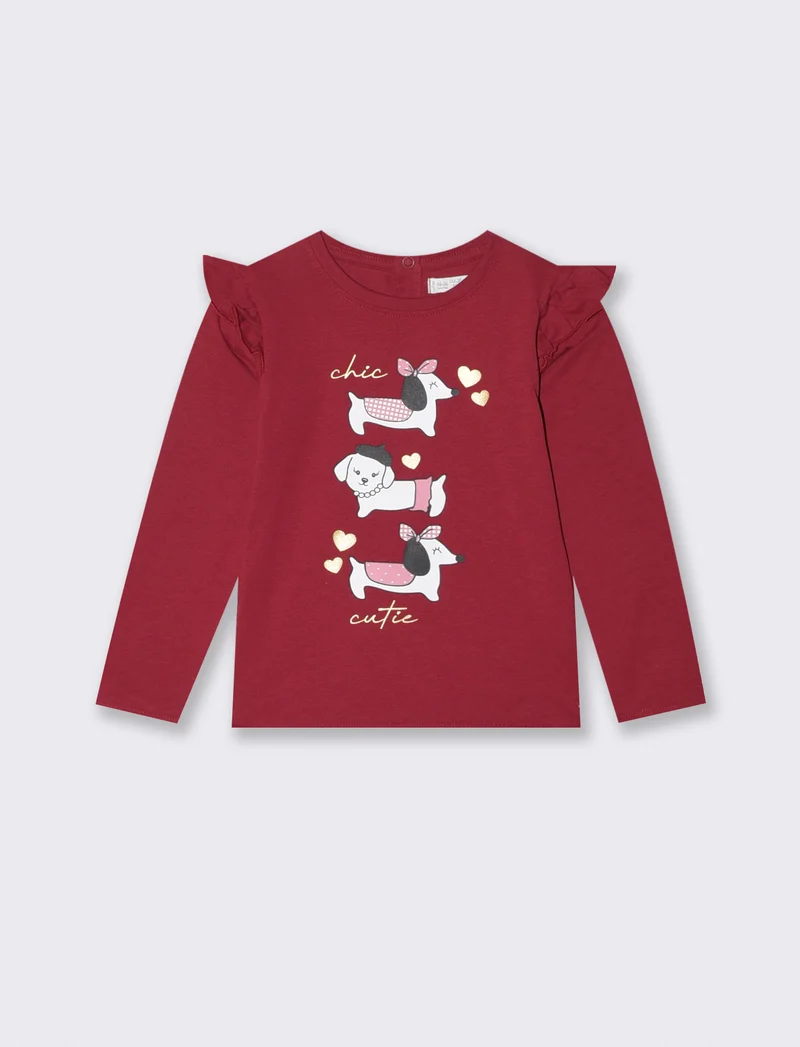 T-shirt a manica lunga con volant e stampa - Bordeaux
