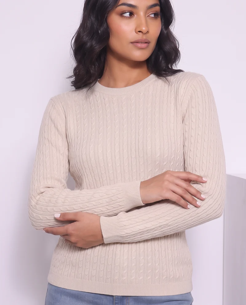 Pullover a trecce manica lunga girocollo - Avorio