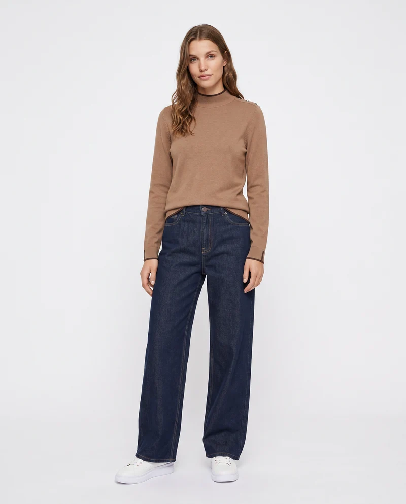 Pullover collo alto con contrasto e bottoni - Cammello