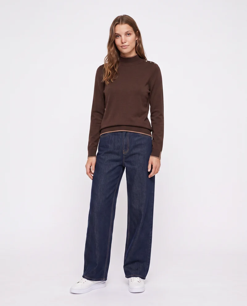 Pullover collo alto con contrasto e bottoni - Moro