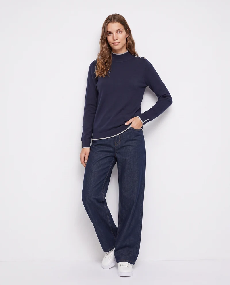 Pullover collo alto con contrasto e bottoni - Blu