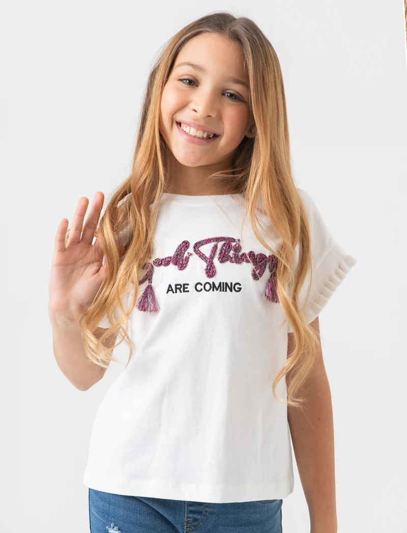 T-shirt manica in costina da bambina - Bianco latte