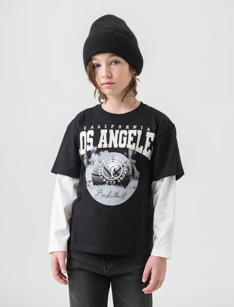 T-shirt over doppia manica da bambino - Nero