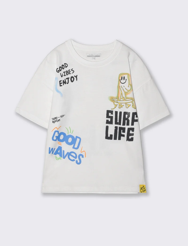 T-shirt surf graffiti over con stampa maxi - Bianco