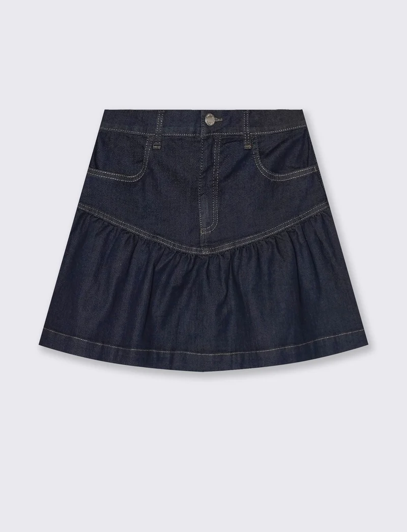 Gonna corta con volant e taglio a V - DENIM SCURO