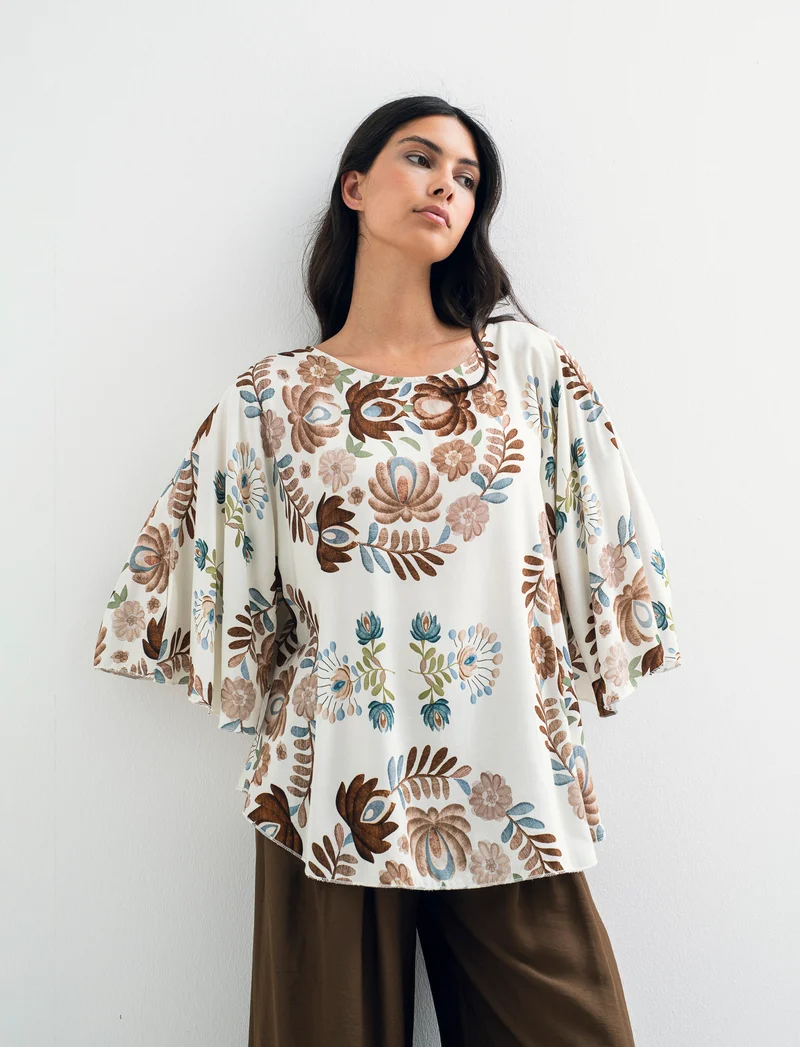 Tshirt in viscosa stampato - Marrone tabacco