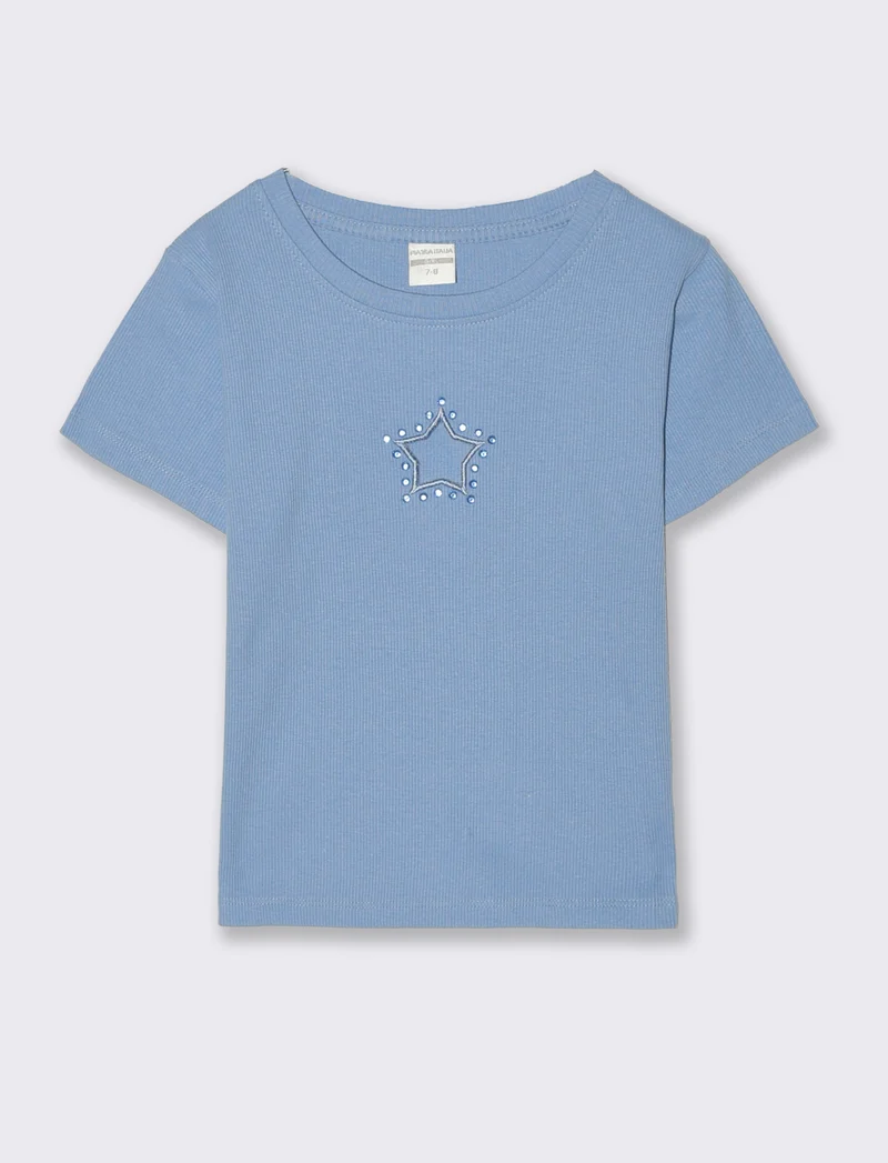T-shirt in costina con stella e strass - Azzurro