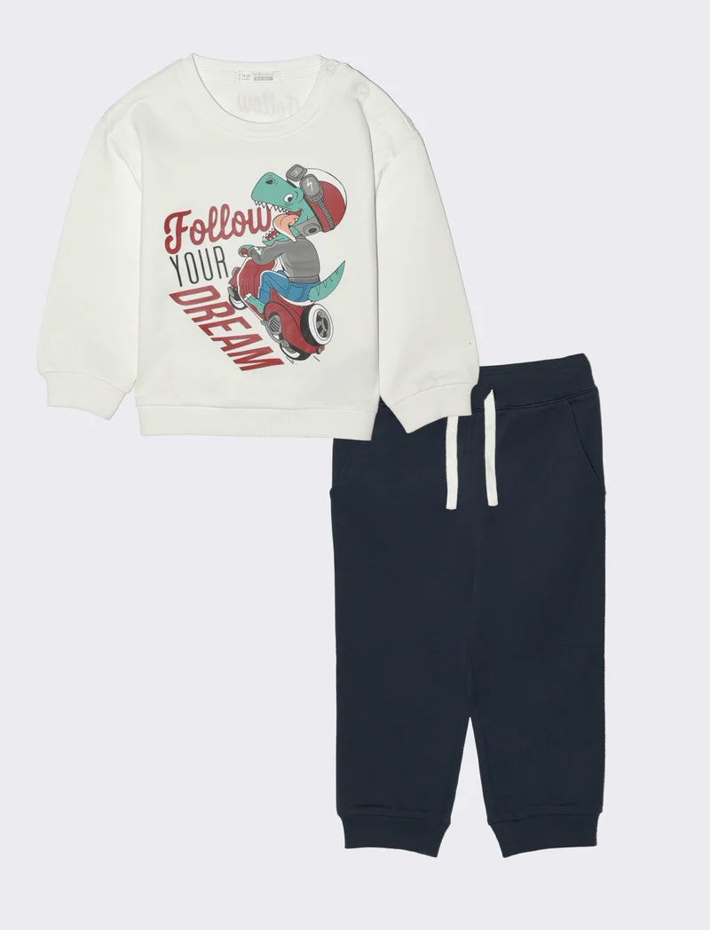 Tuta basica con stampa e jogger tinta unita - Bianco latte