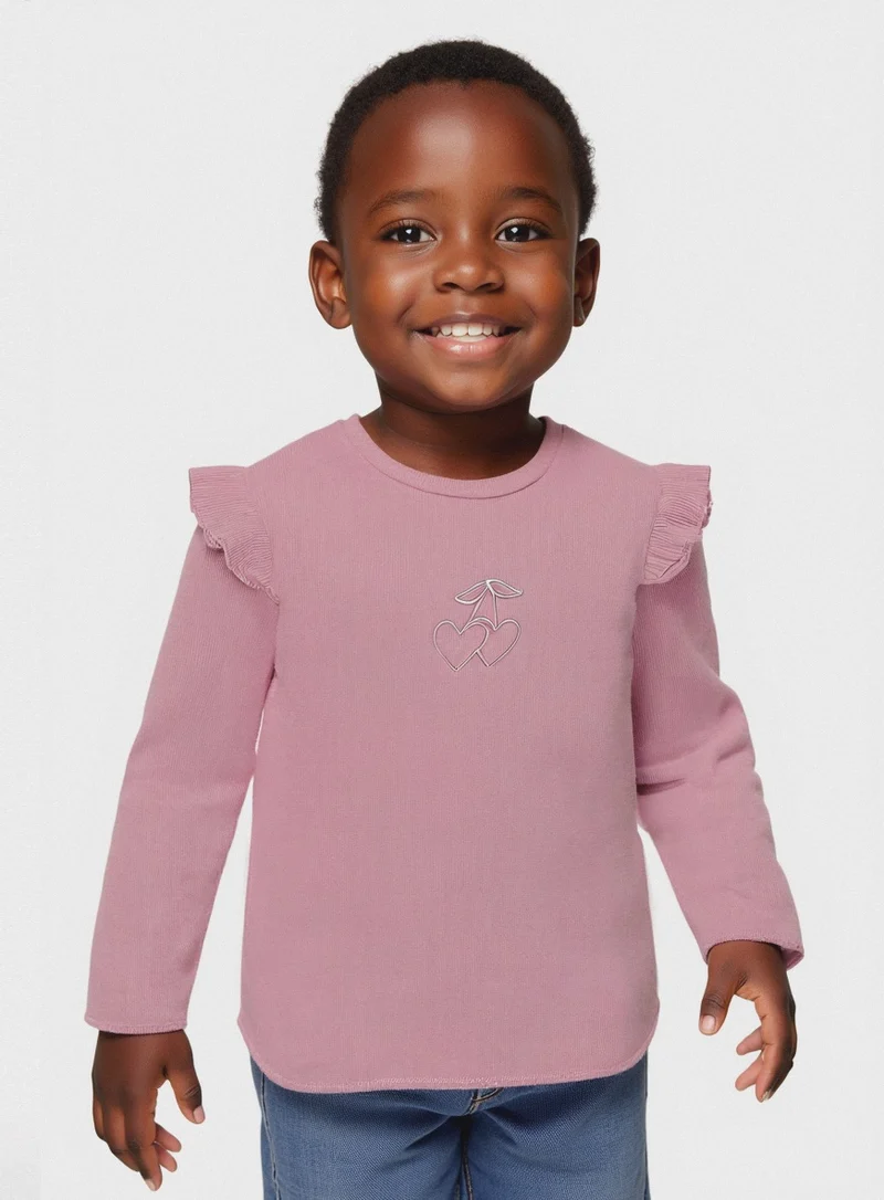 T shirt in costina con ricamo - Rosa