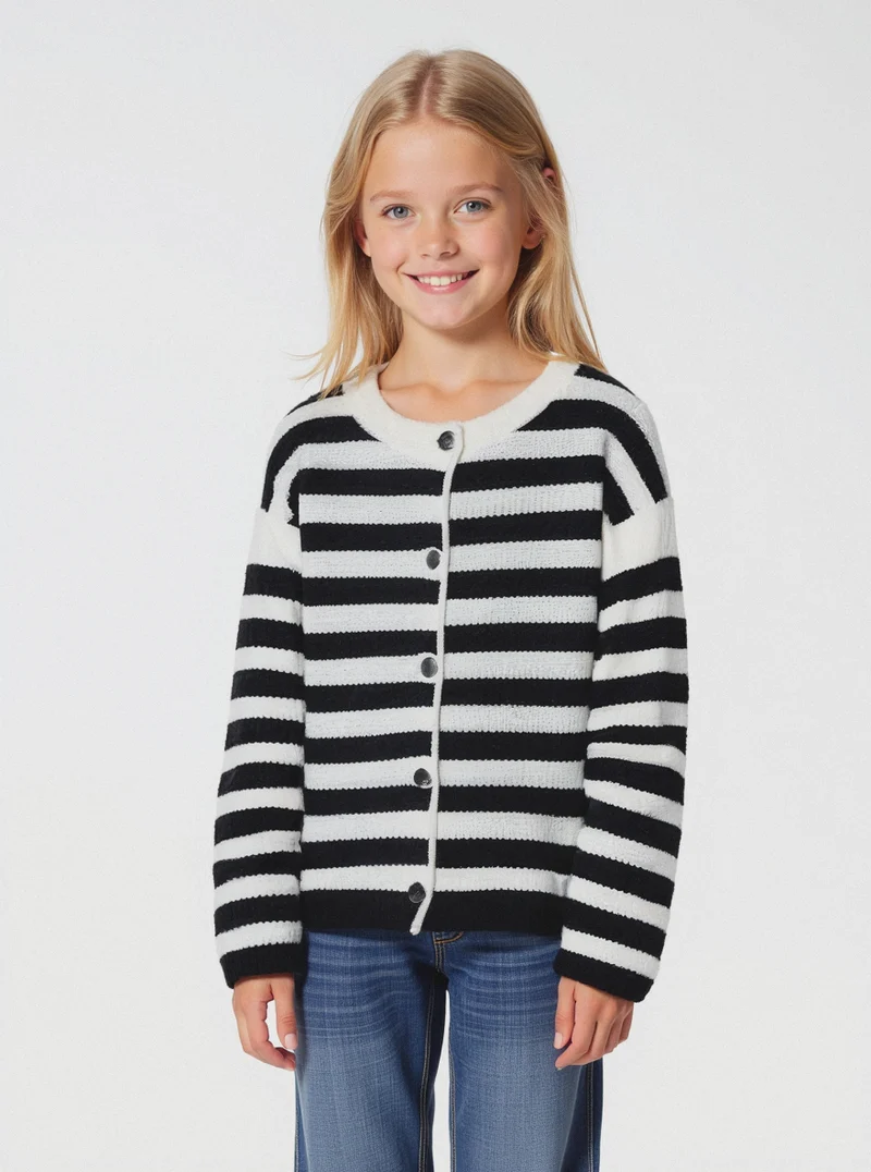Cardigan girocollo a righe da bambina - Bianco-nero