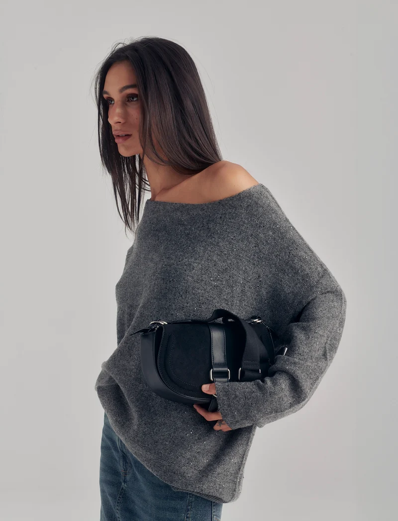 Tracolla in suede con patta donna - Nero