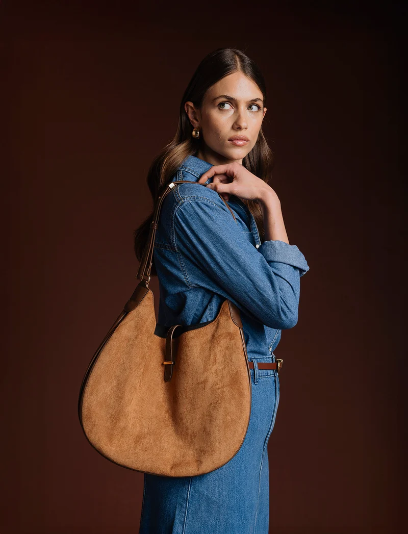 Borsa donna sacca mezzaluna in suede - Marrone