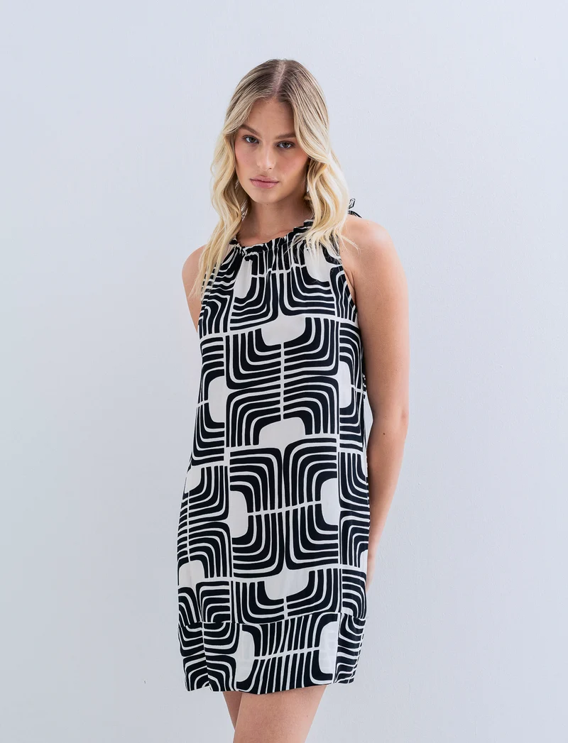Vestito in viscosa stampato con arriccio - Nero