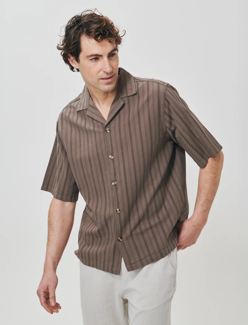 Camicia boxy fit in cotone lino jacquard - Grigio fango
