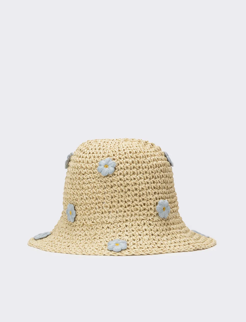 Cappello bambina pescatore con applicazioni fiori e frutta - Blu