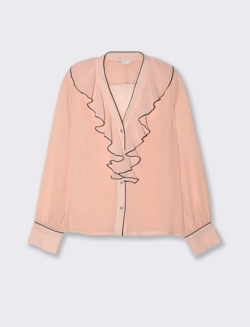 Camicia scollo a v e rusche da donna - Beige carne