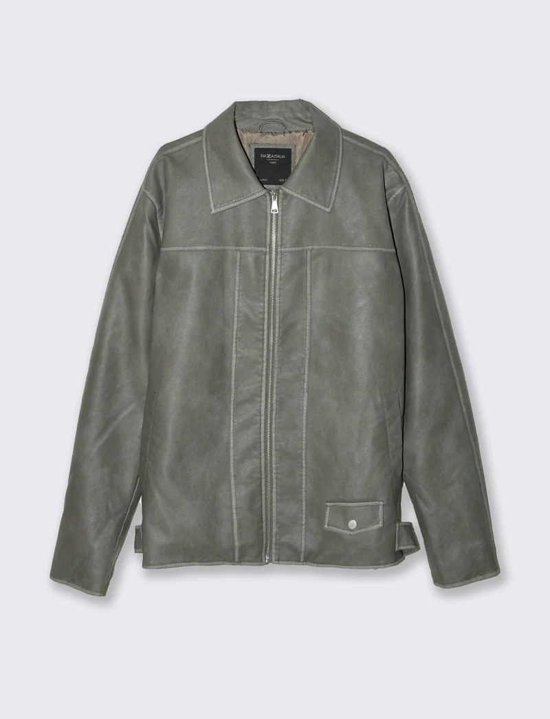 GIUBBOTTO BIKER CON COLLETTO EFFETTO PELLE - Verde salvia