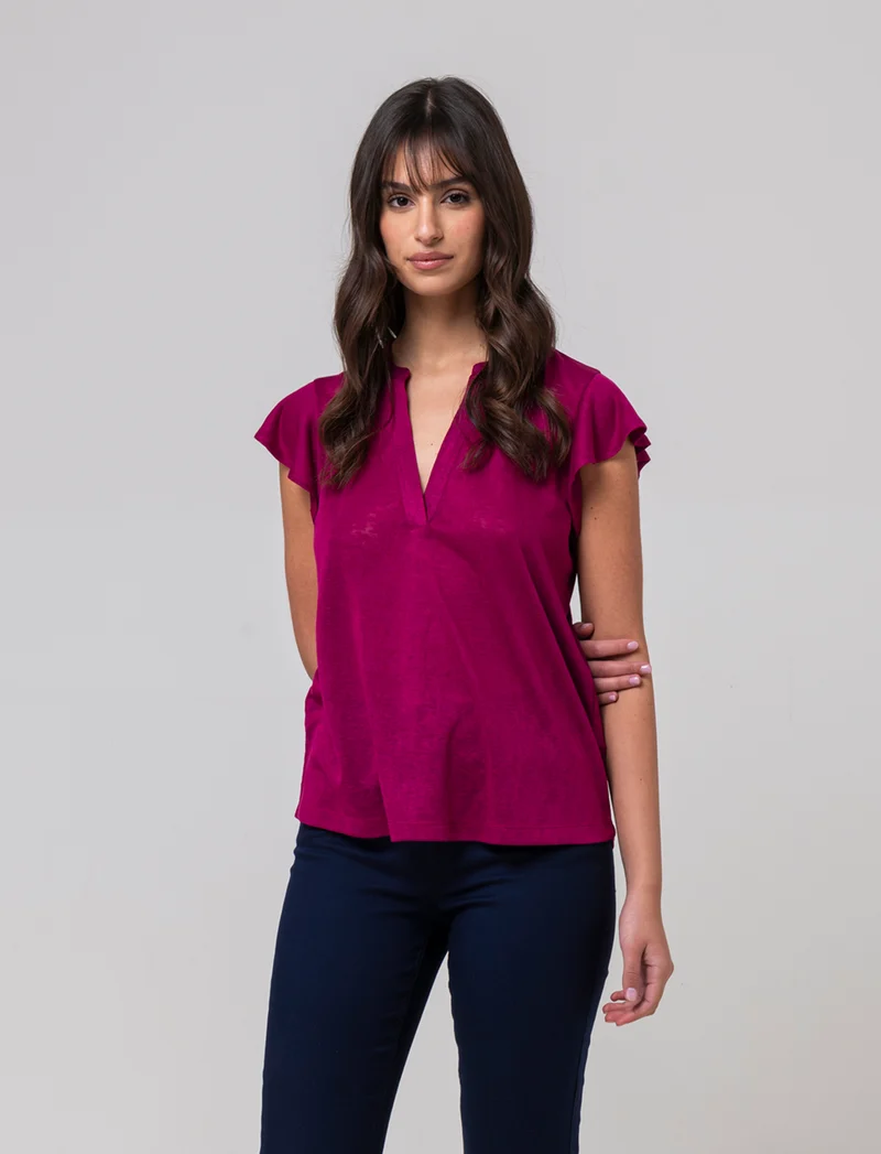T-shirt scollo a v da donna - Rosso india