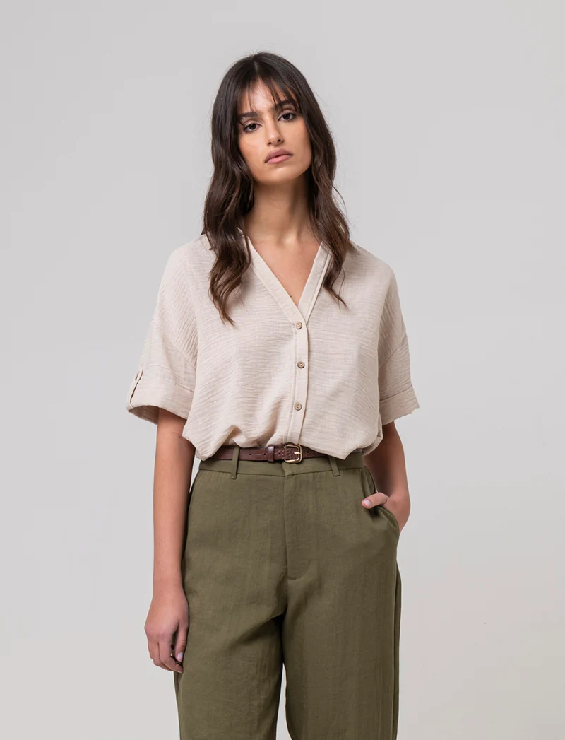 Camicia manica corta da donna - Beige corda