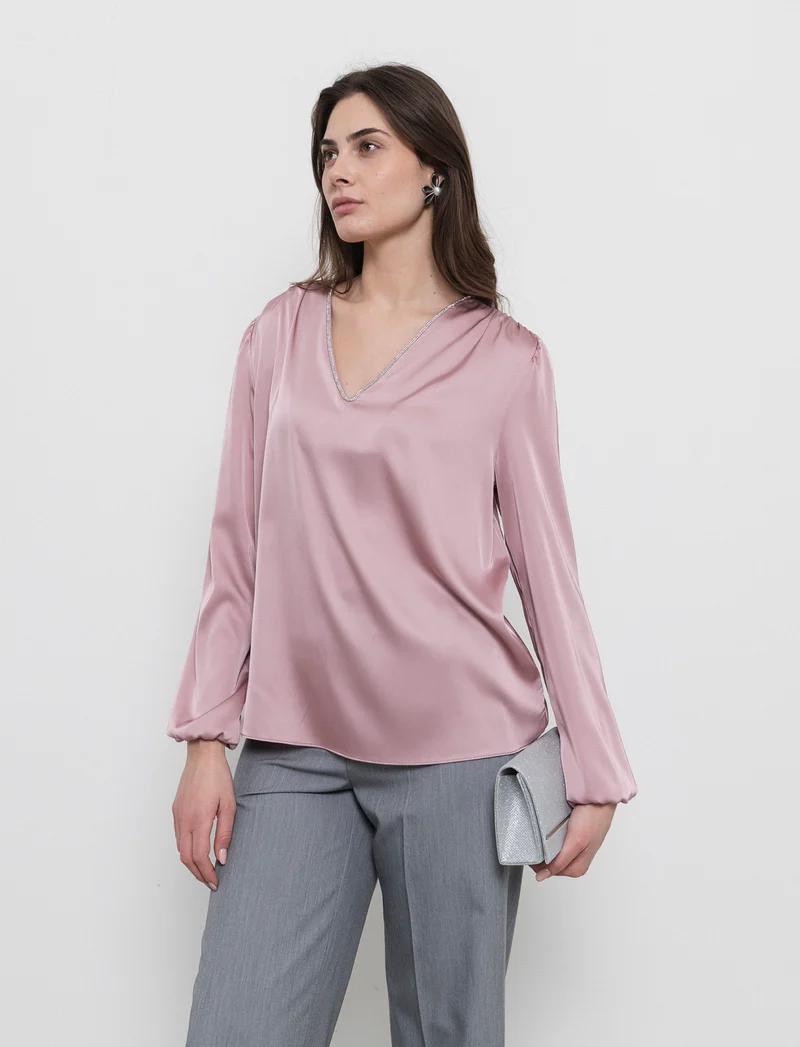 Casacca scollo V con inserti strass - Cipria