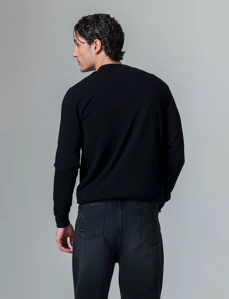 Maglia cardigan collo bomber in filato premium da uomo - Nero